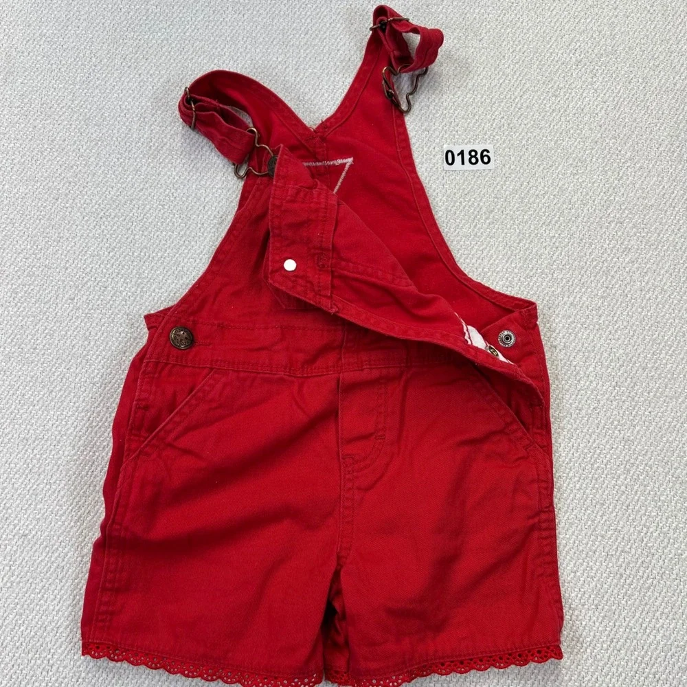 OshKosh B'gosh Shortalls Toddler 2T Red Eyelet Lace Trim Vestbak Cotton Bibs